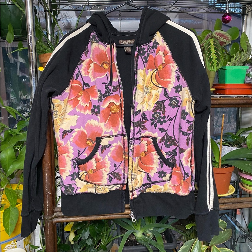 Lucky Brand floral athletic zip up hooded sweatshirt size large